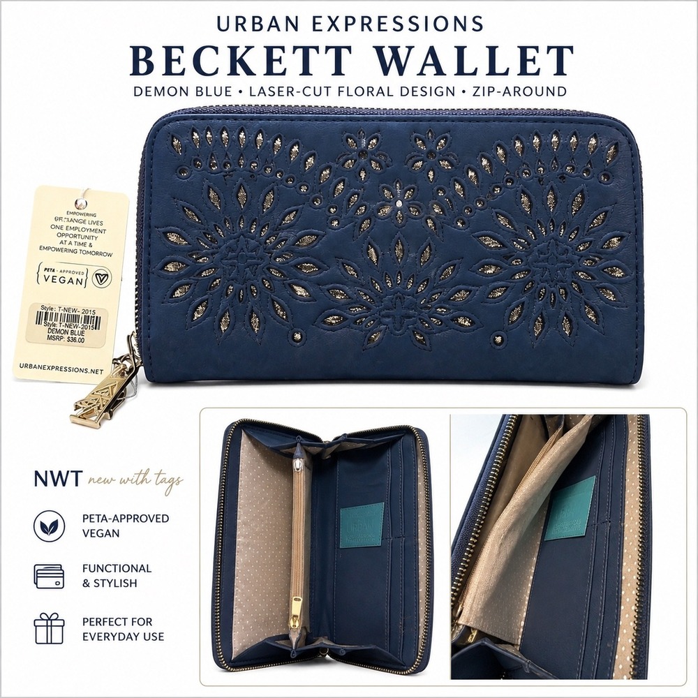 Urban Expressions Beckette Wallet Women OS Denim Blue NEW Vegan Floral Laser Cut